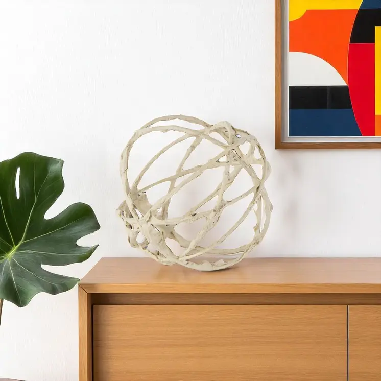 7" Beige Metal And Paper Orb Tabletop Sculpture