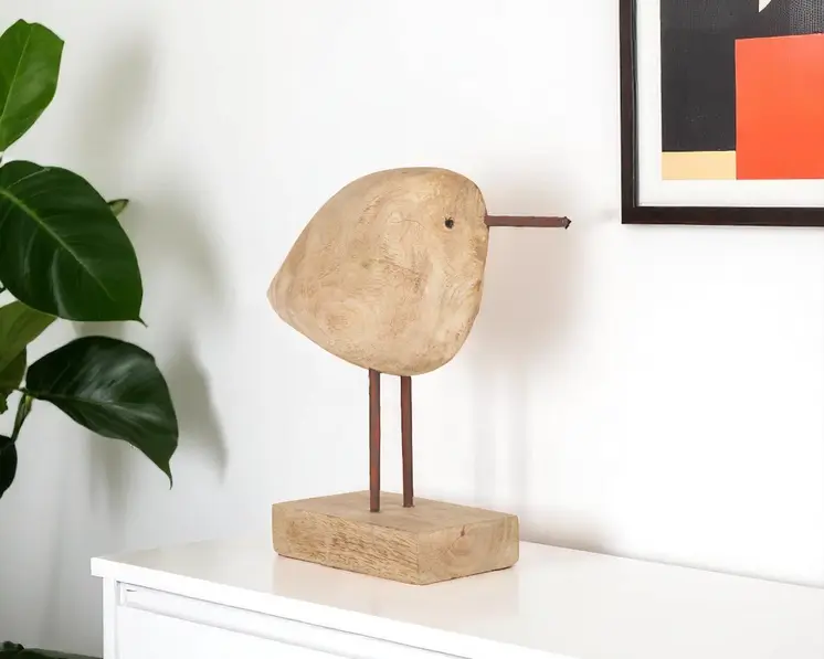 11" Brown Iron And Solid Wood Bird Abstract Tabletop Sculpture