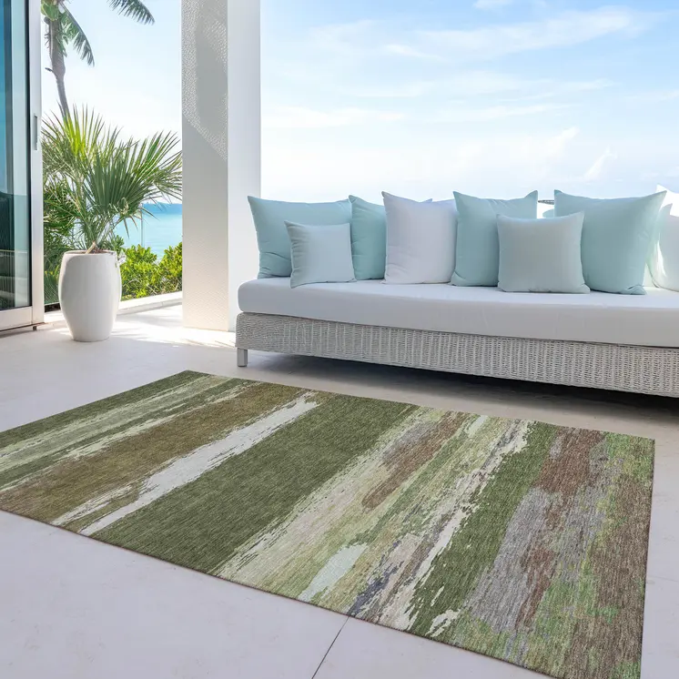 5' X 8' Olive Green Abstract Washable Indoor Outdoor Area Rug