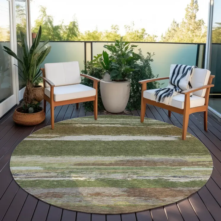 8' Olive Green Round Abstract Washable Indoor Outdoor Area Rug