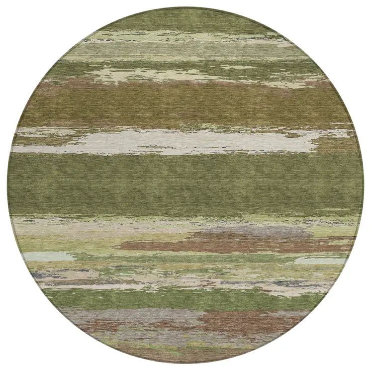 8' Olive Green Round Abstract Washable Indoor Outdoor Area Rug