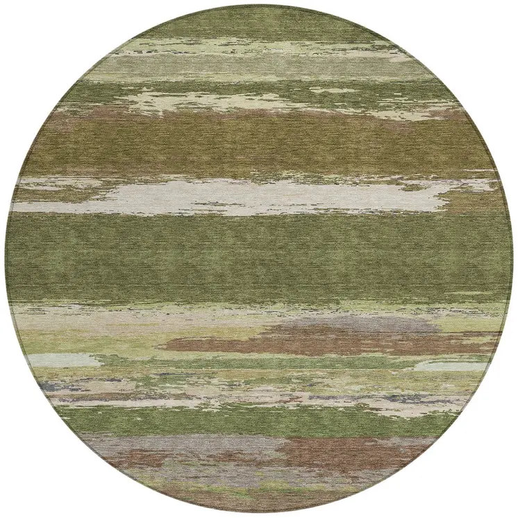 8' Olive Green Round Abstract Washable Indoor Outdoor Area Rug
