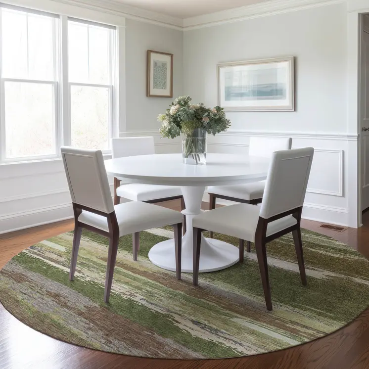 8' Olive Green Round Abstract Washable Indoor Outdoor Area Rug