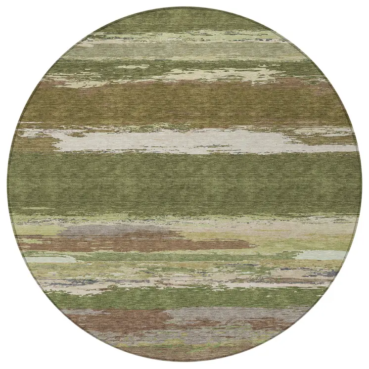 8' Olive Green Round Abstract Washable Indoor Outdoor Area Rug