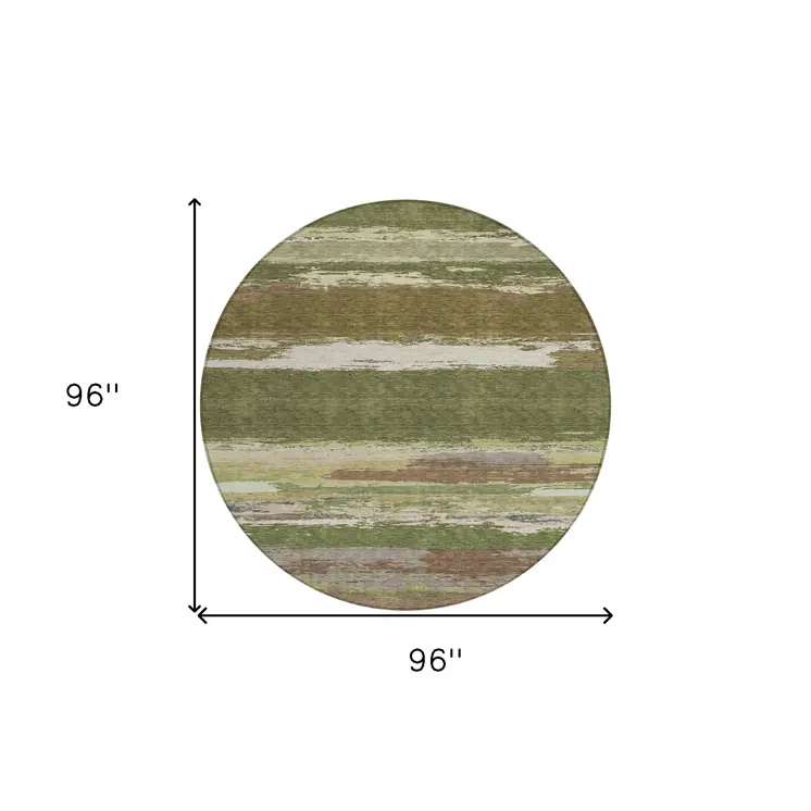 8' Olive Green Round Abstract Washable Indoor Outdoor Area Rug