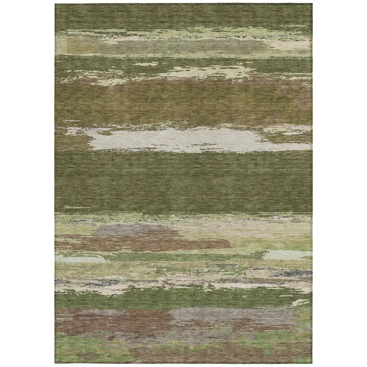 8' X 10' Olive Green Abstract Washable Indoor Outdoor Area Rug