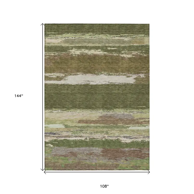 9' X 12' Olive Green Abstract Washable Indoor Outdoor Area Rug