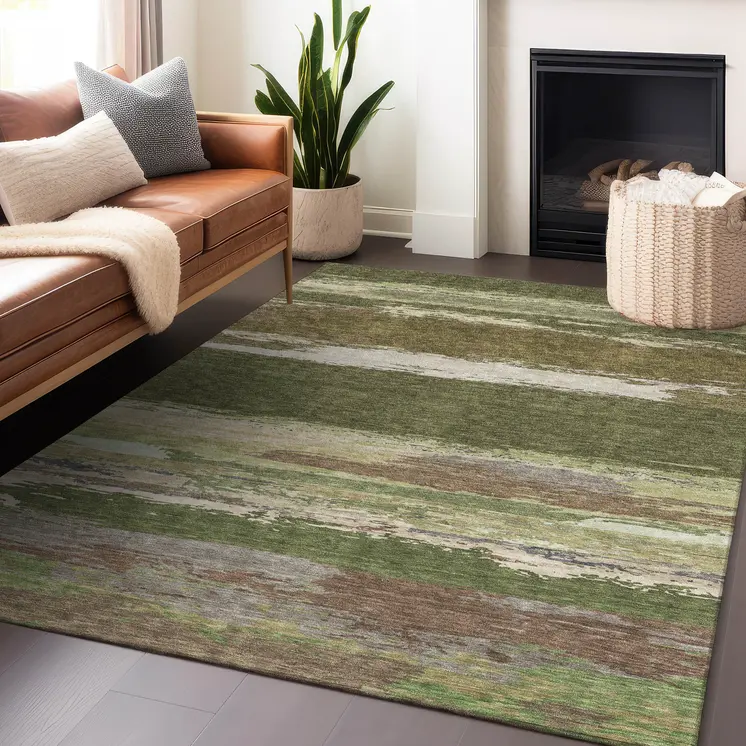 9' X 12' Olive Green Abstract Washable Indoor Outdoor Area Rug