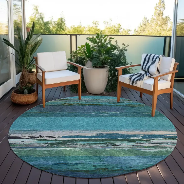 8' Teal Blue Round Abstract Washable Indoor Outdoor Area Rug