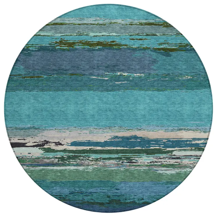 8' Teal Blue Round Abstract Washable Indoor Outdoor Area Rug