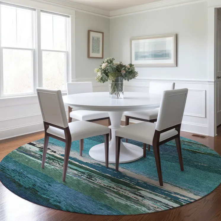 8' Teal Blue Round Abstract Washable Indoor Outdoor Area Rug