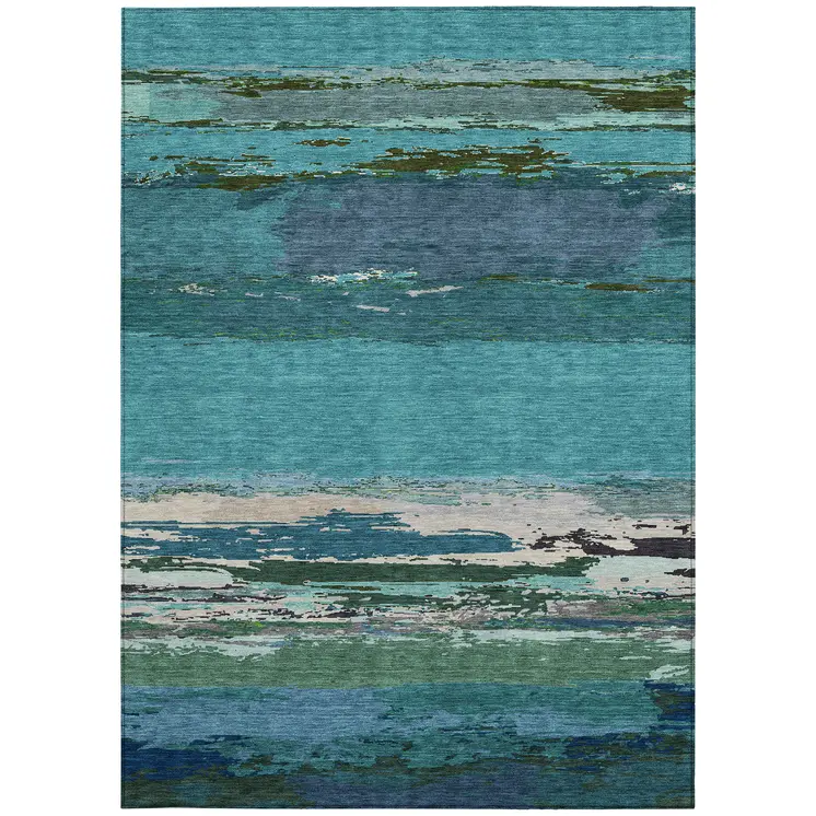 8' X 10' Teal Blue Abstract Washable Indoor Outdoor Area Rug