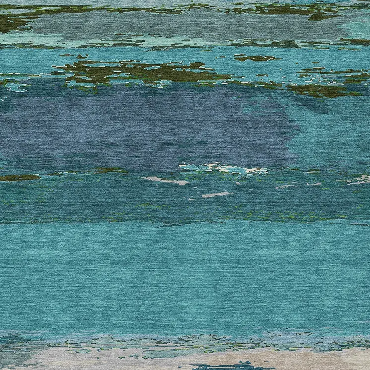 9' X 12' Teal Blue Abstract Washable Indoor Outdoor Area Rug