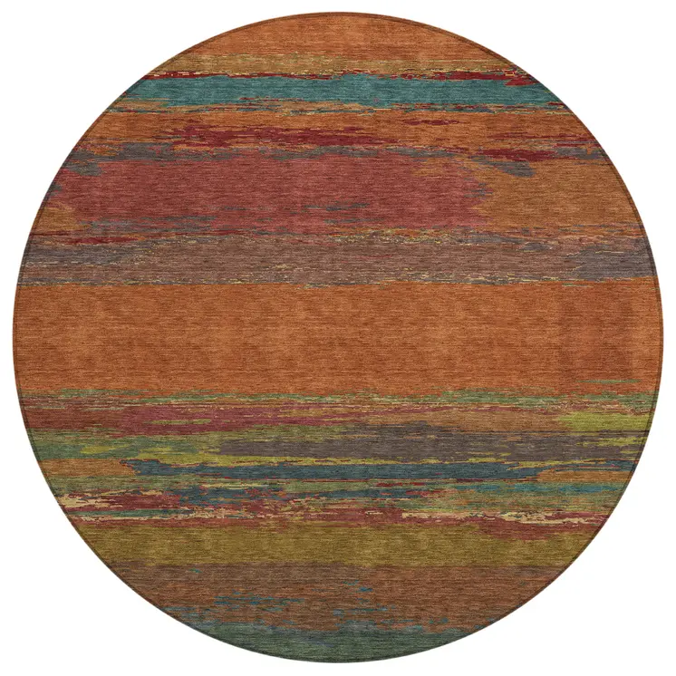8' Terra Cotta Round Abstract Washable Indoor Outdoor Area Rug