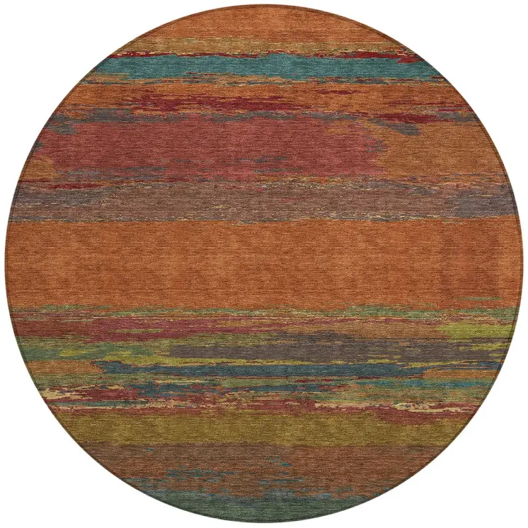 8' Terra Cotta Round Abstract Washable Indoor Outdoor Area Rug