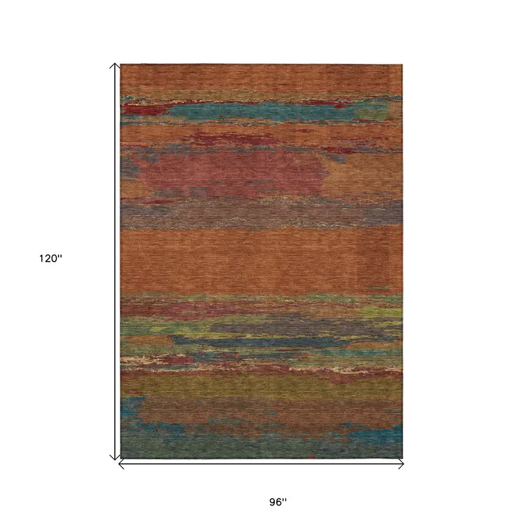 8' X 10' Terra Cotta Abstract Washable Indoor Outdoor Area Rug