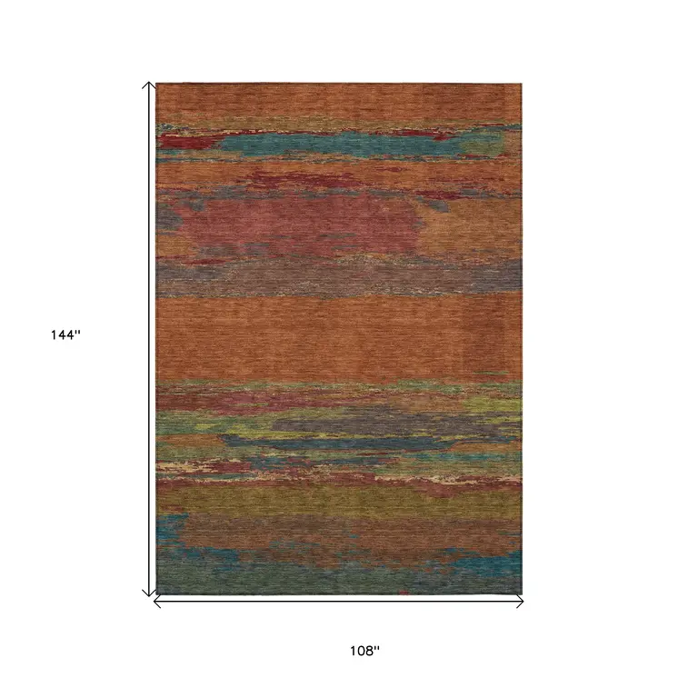 9' X 12' Terra Cotta Abstract Washable Indoor Outdoor Area Rug