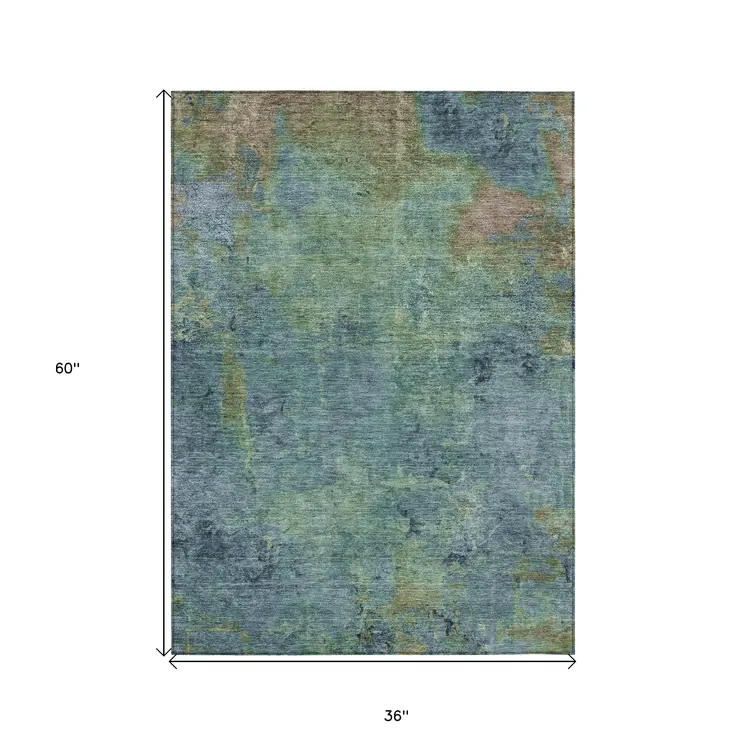 3' X 5' Blue Abstract Washable Indoor Outdoor Area Rug