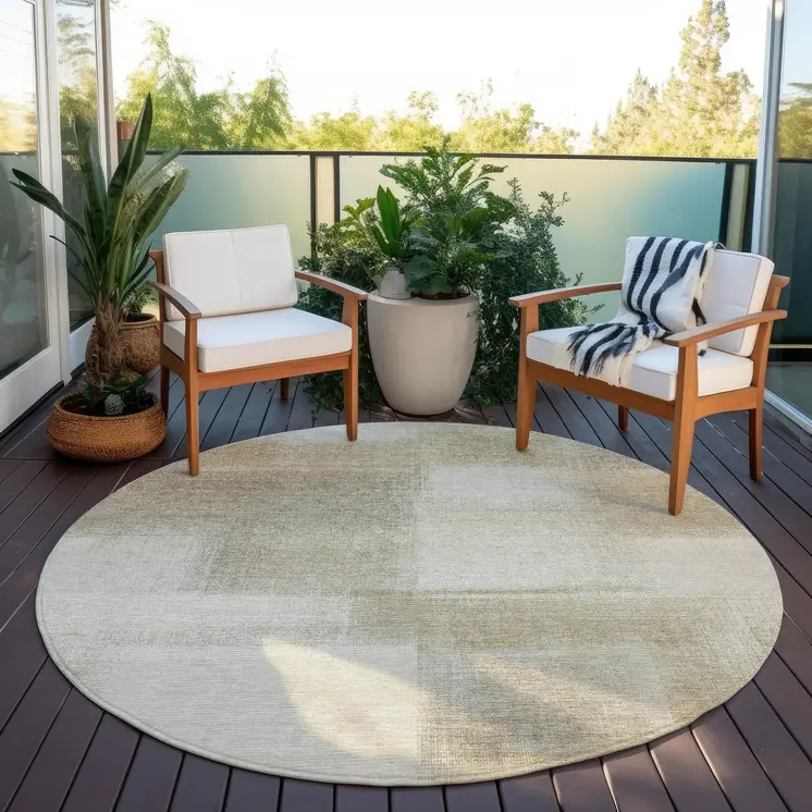 8' Taupe Round Geometric Washable Indoor Outdoor Area Rug
