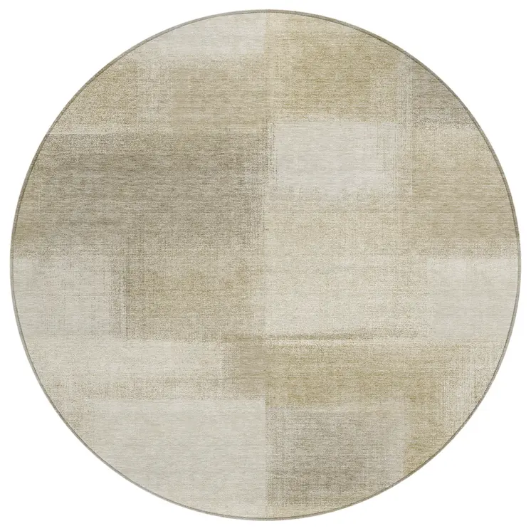 8' Taupe Round Geometric Washable Indoor Outdoor Area Rug