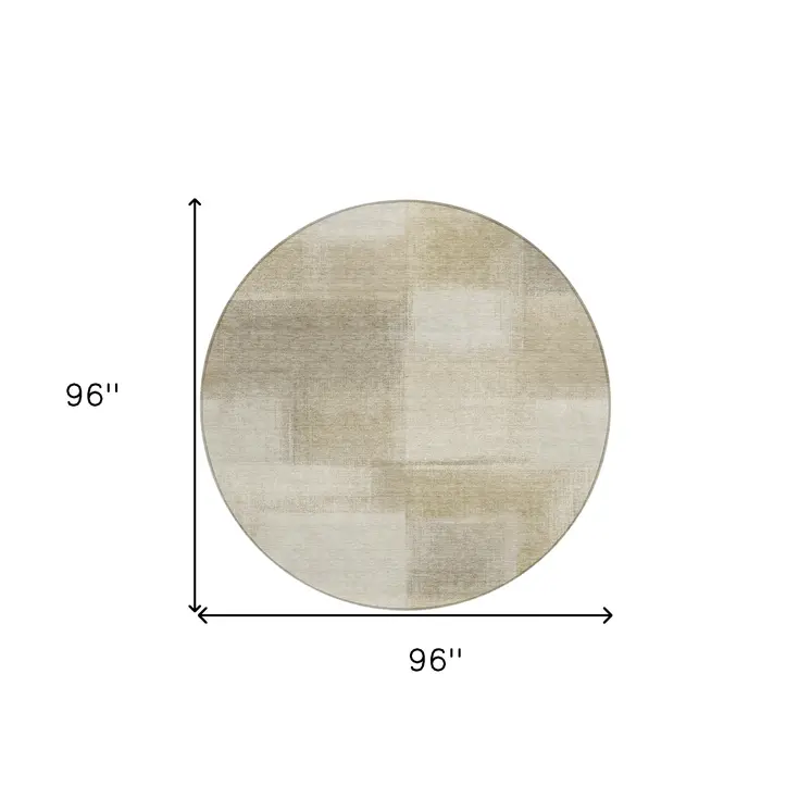 8' Taupe Round Geometric Washable Indoor Outdoor Area Rug