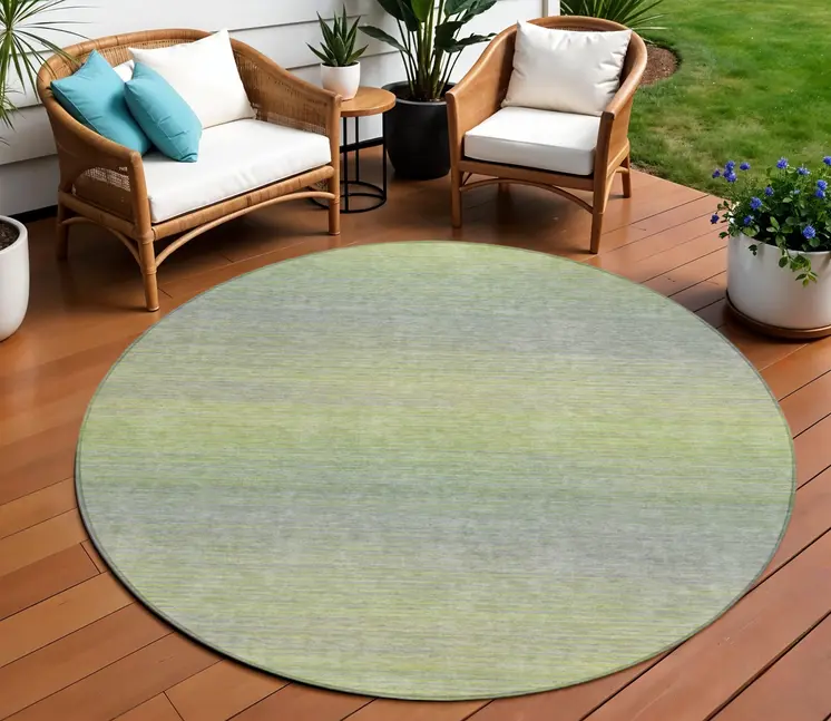 8' Artichoke Green Round Striped Washable Indoor Outdoor Area Rug