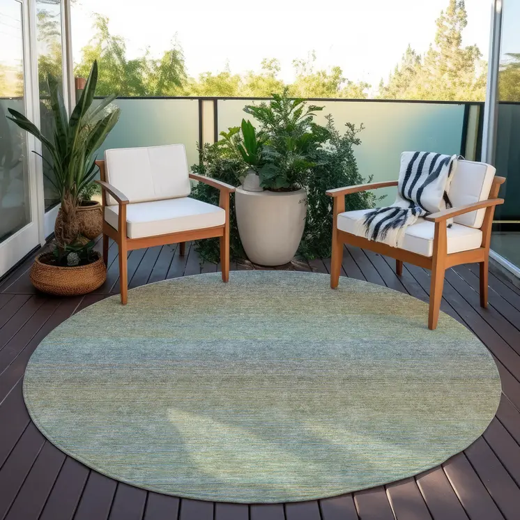 8' Blue Round Striped Washable Indoor Outdoor Area Rug