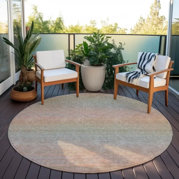 8' Coral Round Striped Washable Indoor Outdoor Area Rug