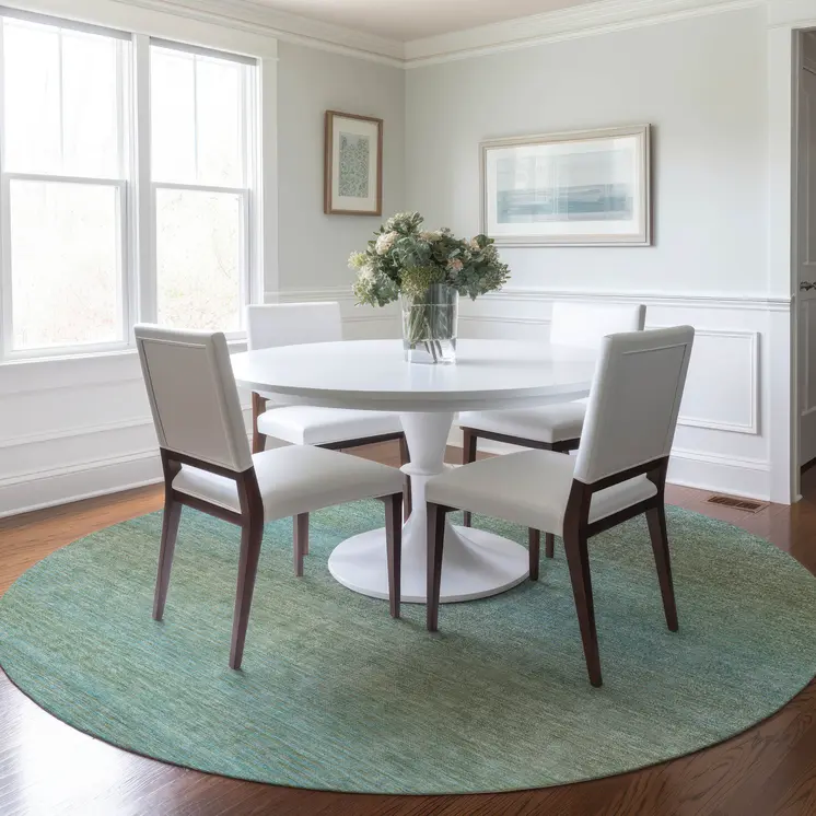 8' Teal Blue Round Striped Washable Indoor Outdoor Area Rug