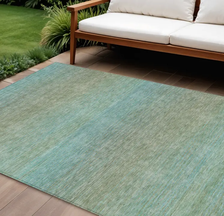 9' X 12' Teal Blue Striped Washable Indoor Outdoor Area Rug