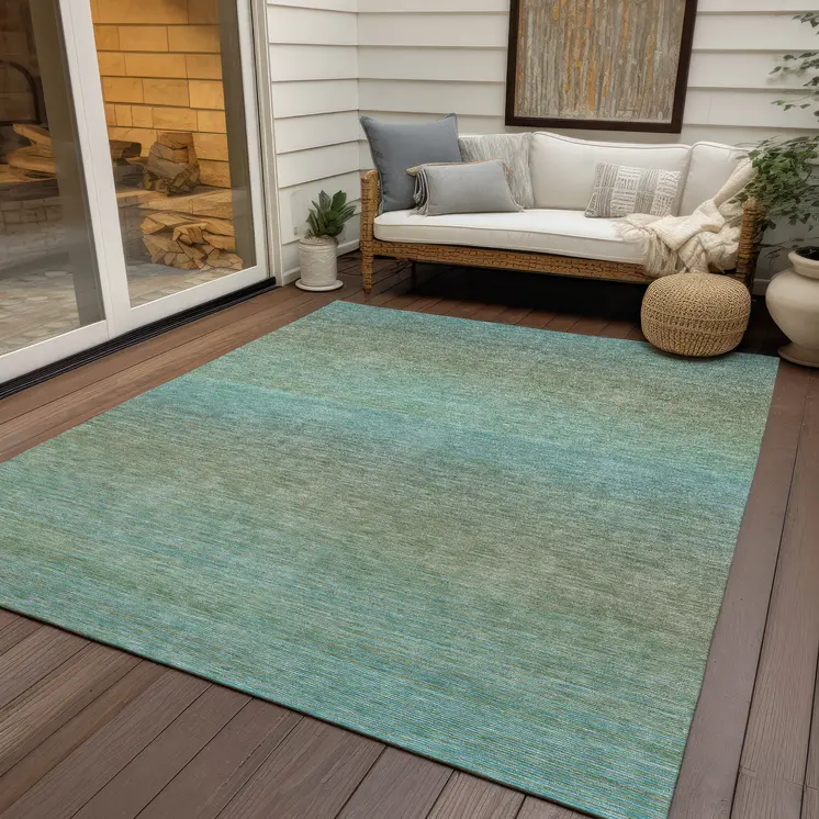 9' X 12' Teal Blue Striped Washable Indoor Outdoor Area Rug