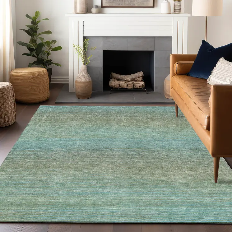 9' X 12' Teal Blue Striped Washable Indoor Outdoor Area Rug