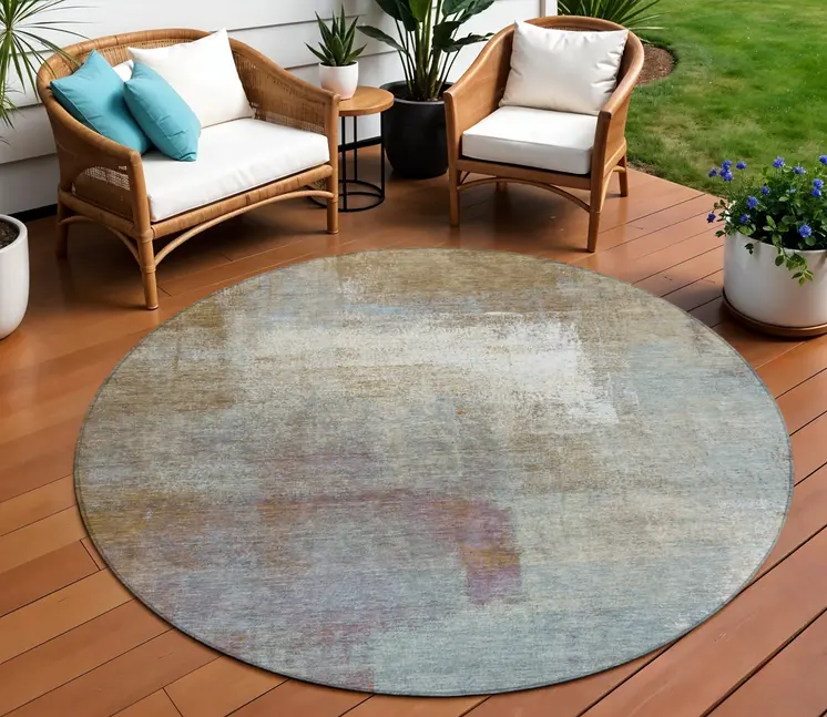 8' Brown Round Abstract Washable Indoor Outdoor Area Rug