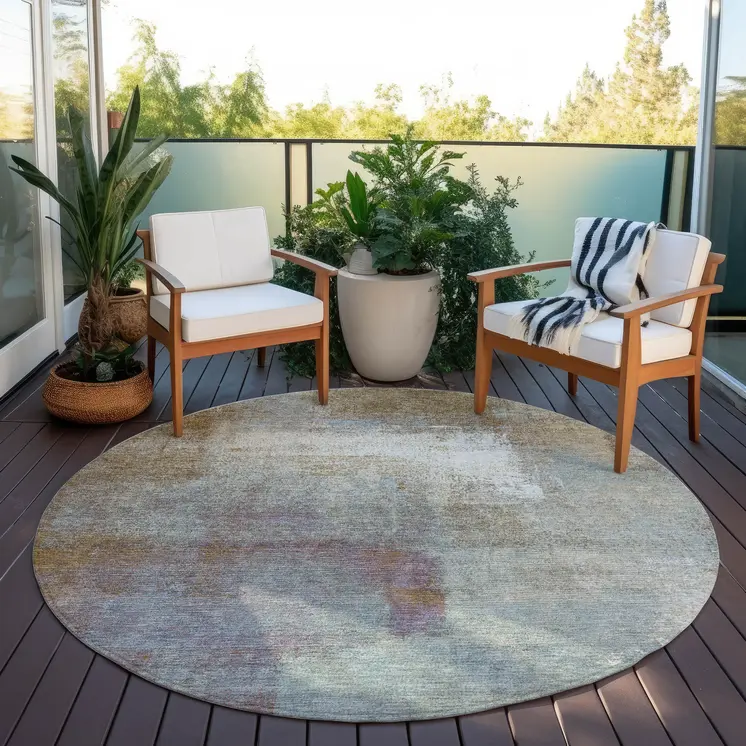 8' Brown Round Abstract Washable Indoor Outdoor Area Rug