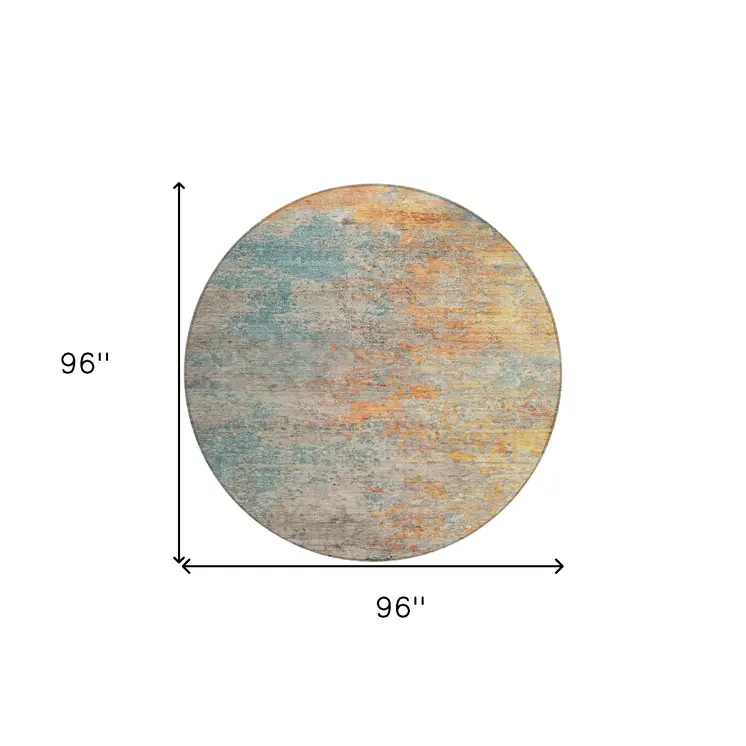 8' Teal Blue Round Abstract Washable Indoor Outdoor Area Rug