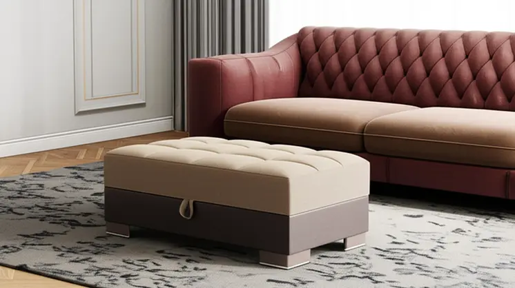 50" Tan and Brown Chenille And Faux Leather Storage Ottoman