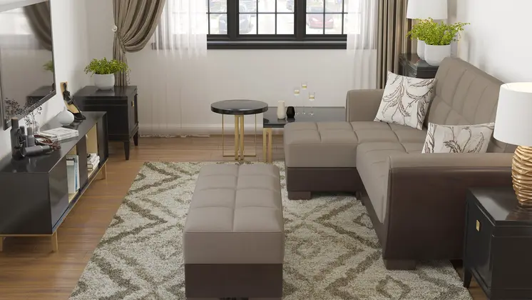 50" Tan and Brown Chenille And Faux Leather Storage Ottoman