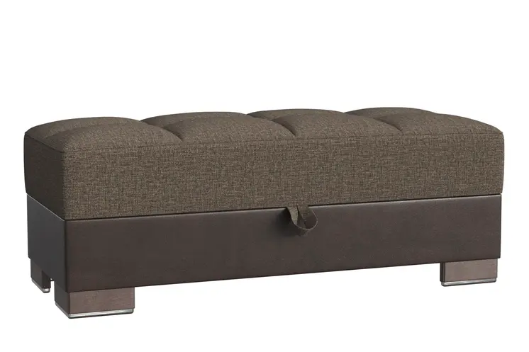 50" Brown and Black Upholstered Fabric And Faux Leather Tufted Storage Ottoman