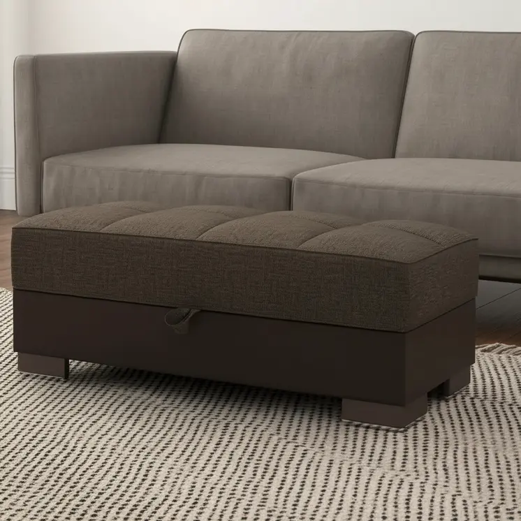 50" Brown and Black Upholstered Fabric And Faux Leather Tufted Storage Ottoman