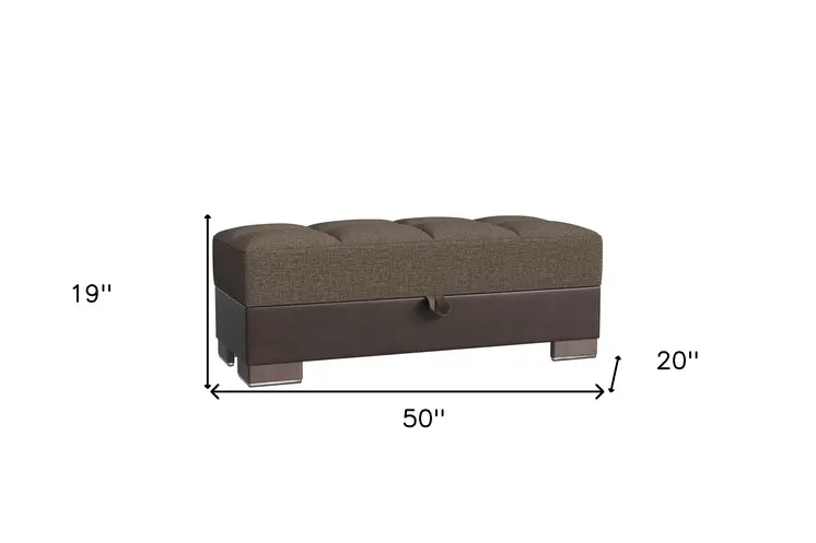 50" Brown and Black Upholstered Fabric And Faux Leather Tufted Storage Ottoman
