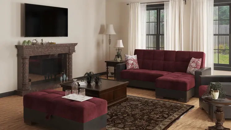 52" Burgundy and Brown Microfiber And Faux Leather Tufted Storage Ottoman