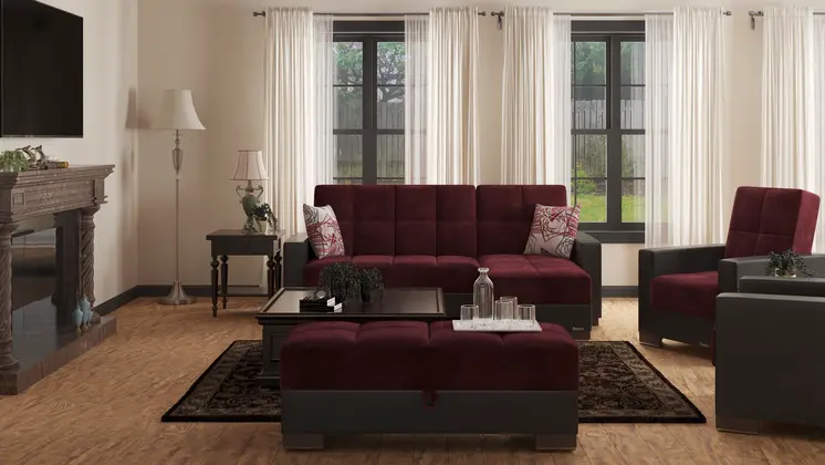52" Burgundy and Brown Microfiber And Faux Leather Tufted Storage Ottoman