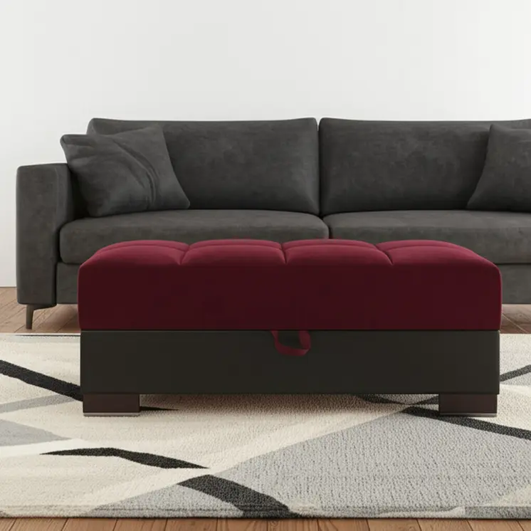 52" Burgundy and Brown Microfiber And Faux Leather Tufted Storage Ottoman