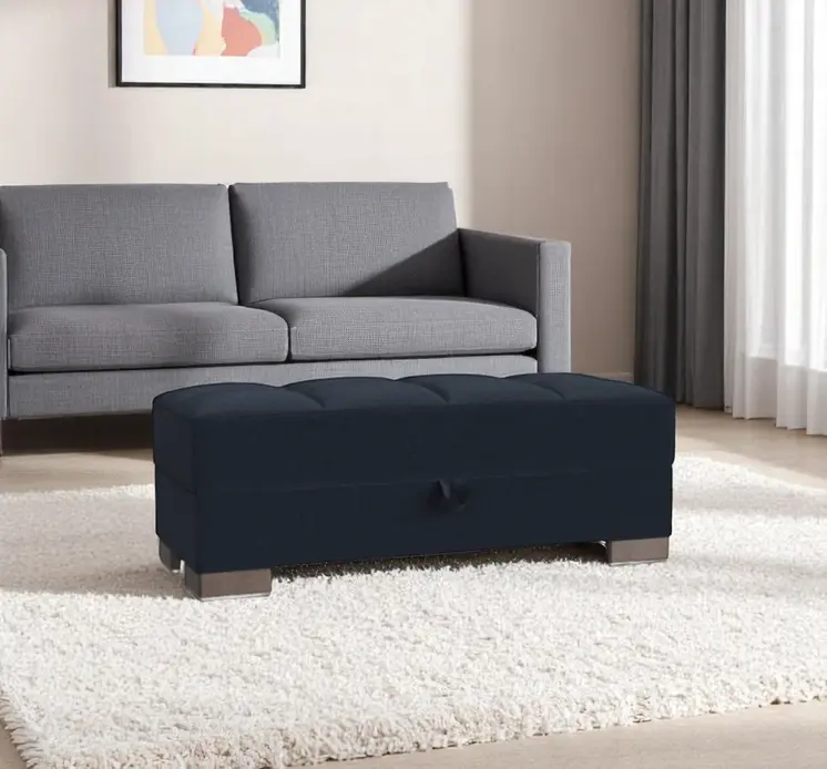 52" Dark Blue and Brown Chenille Tufted Storage Ottoman