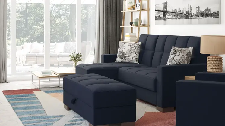 52" Dark Blue and Brown Chenille Tufted Storage Ottoman