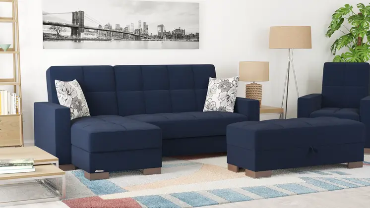 52" Dark Blue and Brown Chenille Tufted Storage Ottoman