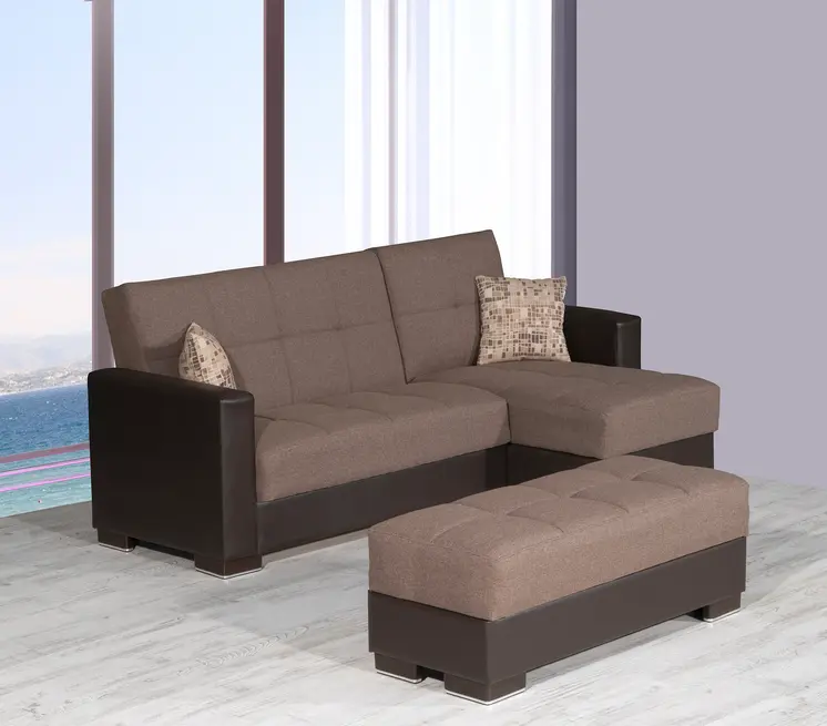 52" Brown Chenille And Faux Leather Tufted Storage Ottoman