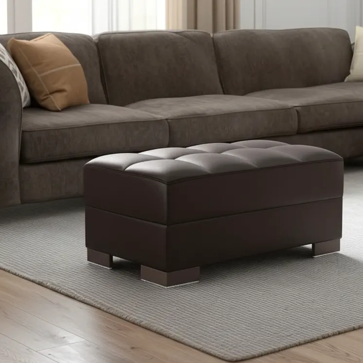 52" Brown Faux Leather Tufted Storage Ottoman