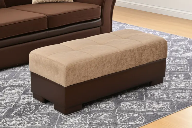 52" Tan and Brown Chenille And Faux Leather Storage Ottoman