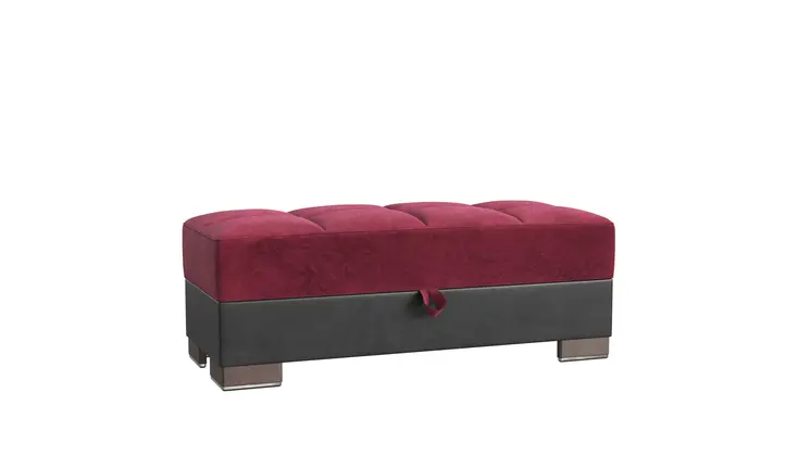 52" Burgundy Black and Brown Faux Leather And Microfiber Tufted Storage Ottoman